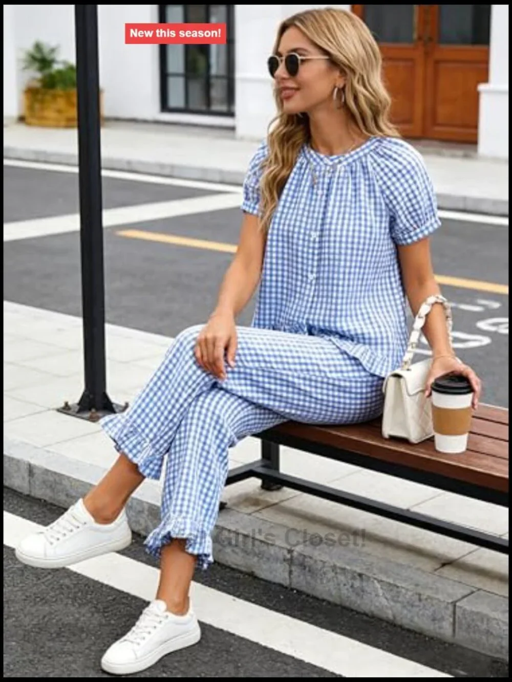 Women's 2 Piece Gingham Pajama Set Cotton Button Down Short Sleeve Ruffle